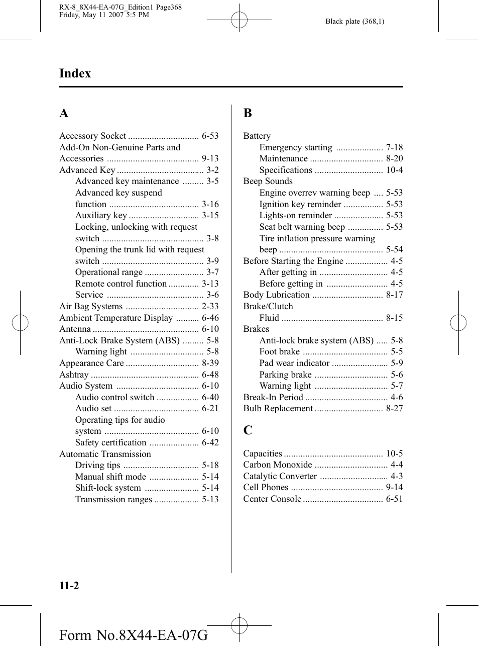 Index | Mazda 2008 RX-8 User Manual | Page 368 / 432