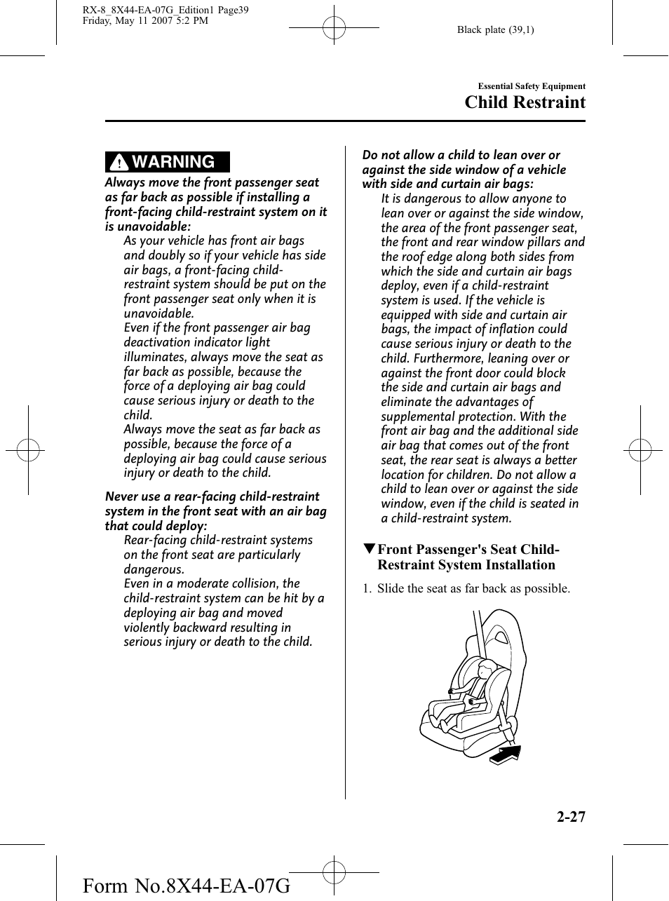 Child restraint, Warning | Mazda 2008 RX-8 User Manual | Page 39 / 432