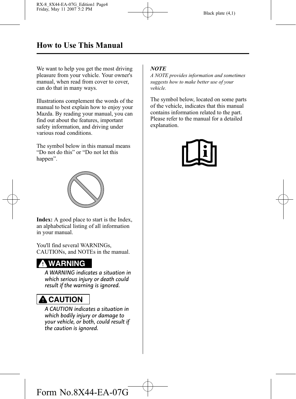 How to use this manual, No m-title, Warning | Caution | Mazda 2008 RX-8 User Manual | Page 4 / 432
