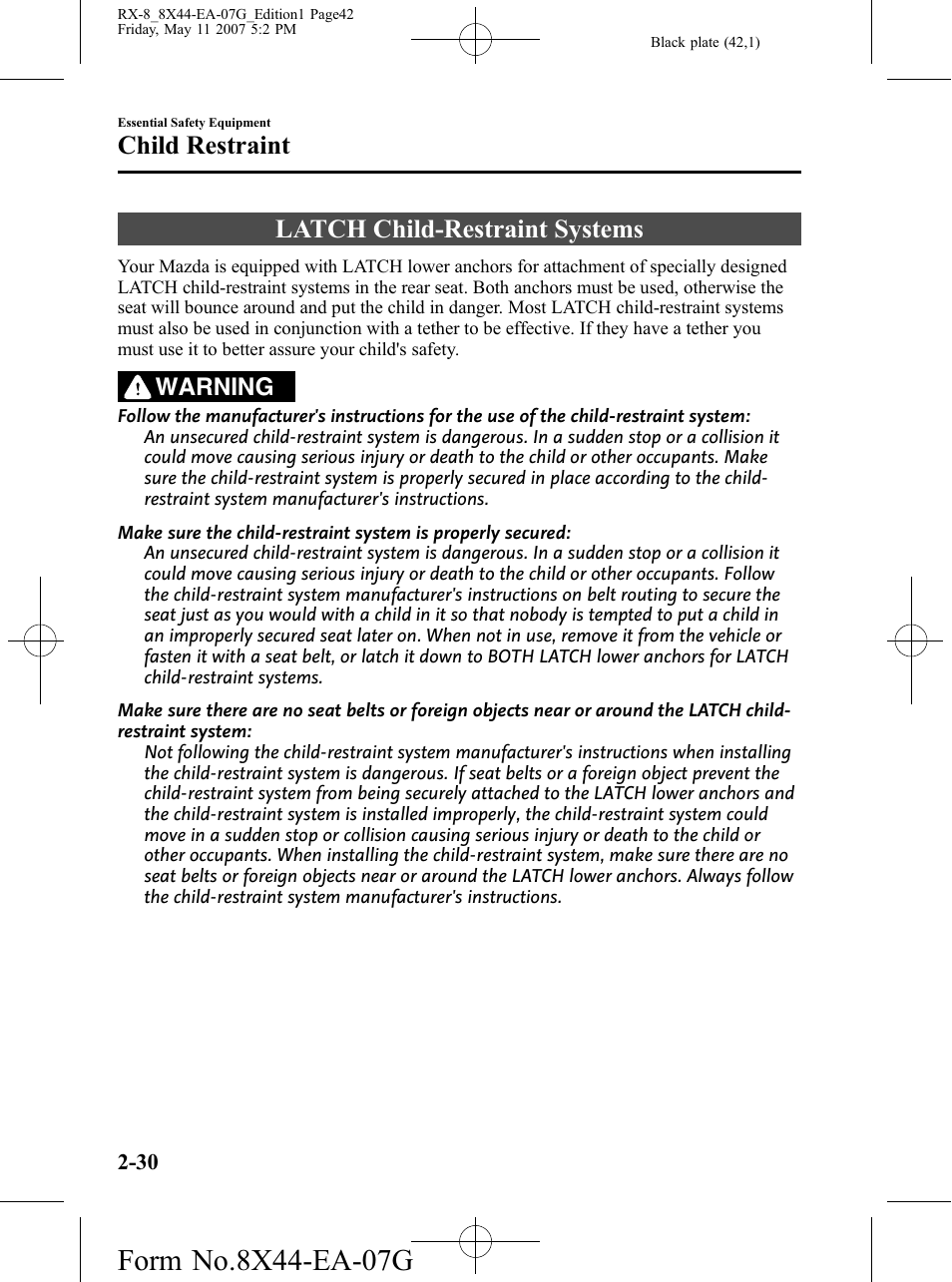 Latch child-restraint systems, Latch child-restraint systems -30, Child restraint | Warning | Mazda 2008 RX-8 User Manual | Page 42 / 432