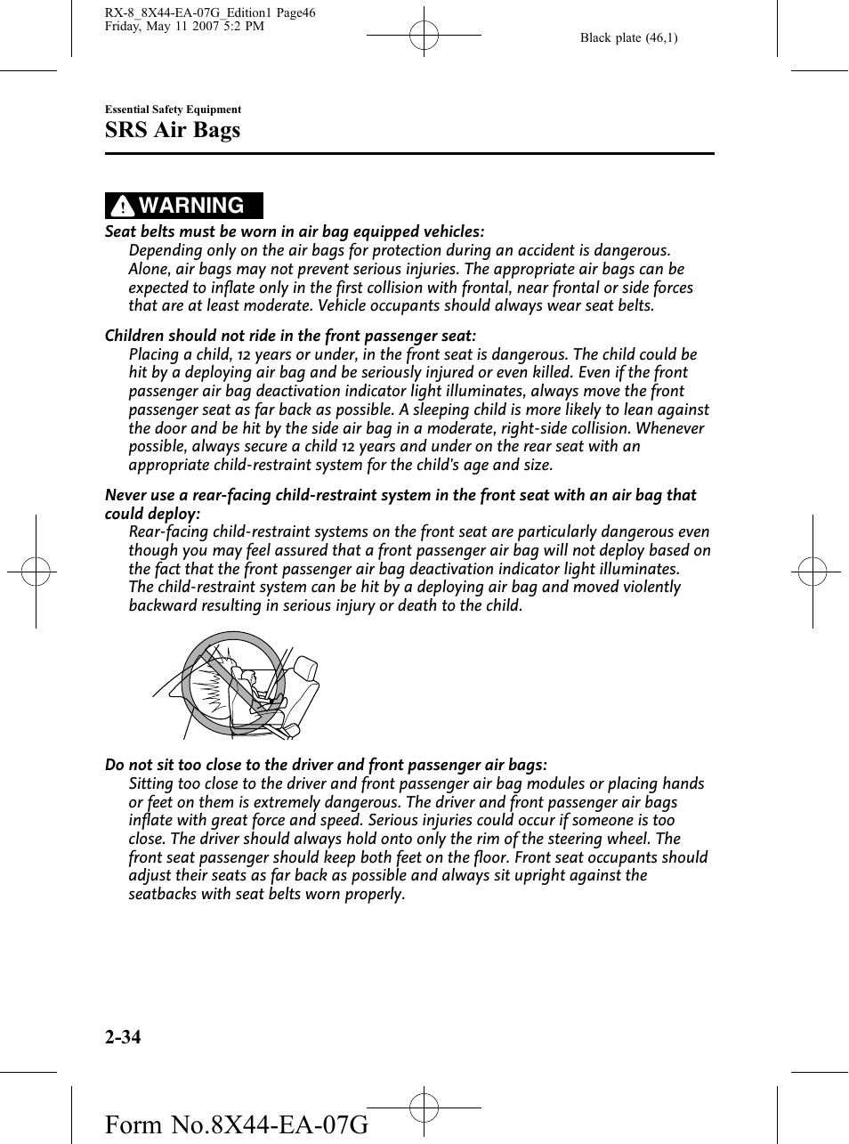 Srs air bags, Warning | Mazda 2008 RX-8 User Manual | Page 46 / 432