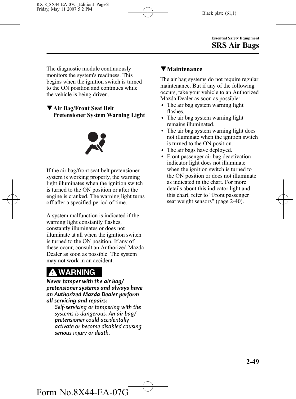 Srs air bags, Warning | Mazda 2008 RX-8 User Manual | Page 61 / 432