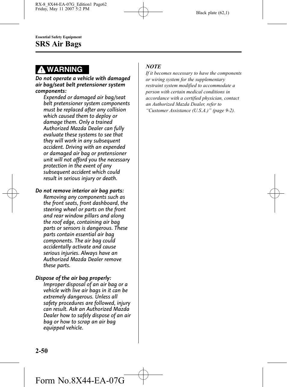 Srs air bags, Warning | Mazda 2008 RX-8 User Manual | Page 62 / 432