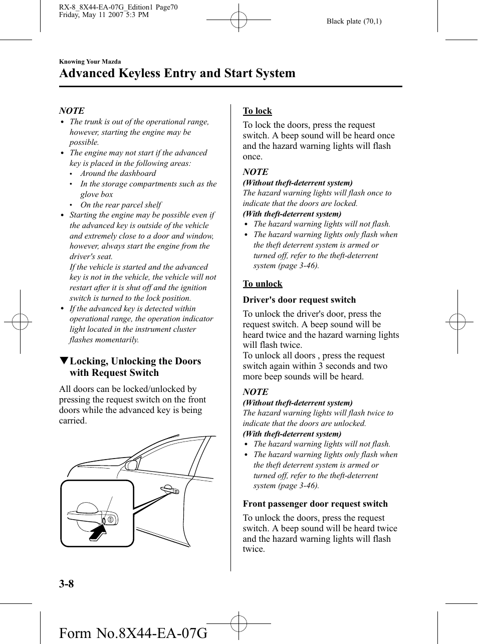 Advanced keyless entry and start system, Qlocking, unlocking the doors with request switch | Mazda 2008 RX-8 User Manual | Page 70 / 432