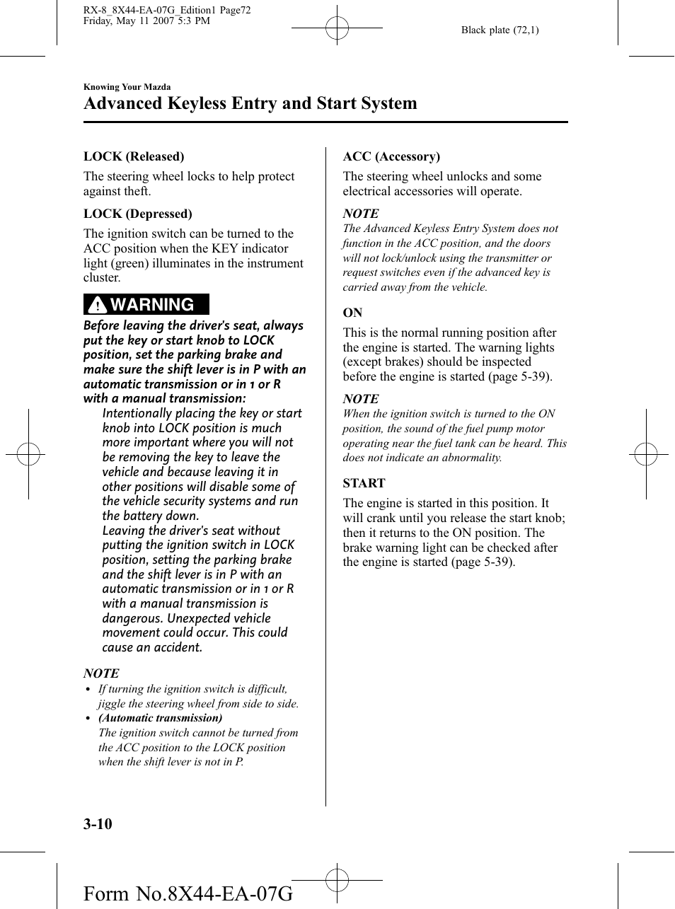 Advanced keyless entry and start system, Warning | Mazda 2008 RX-8 User Manual | Page 72 / 432