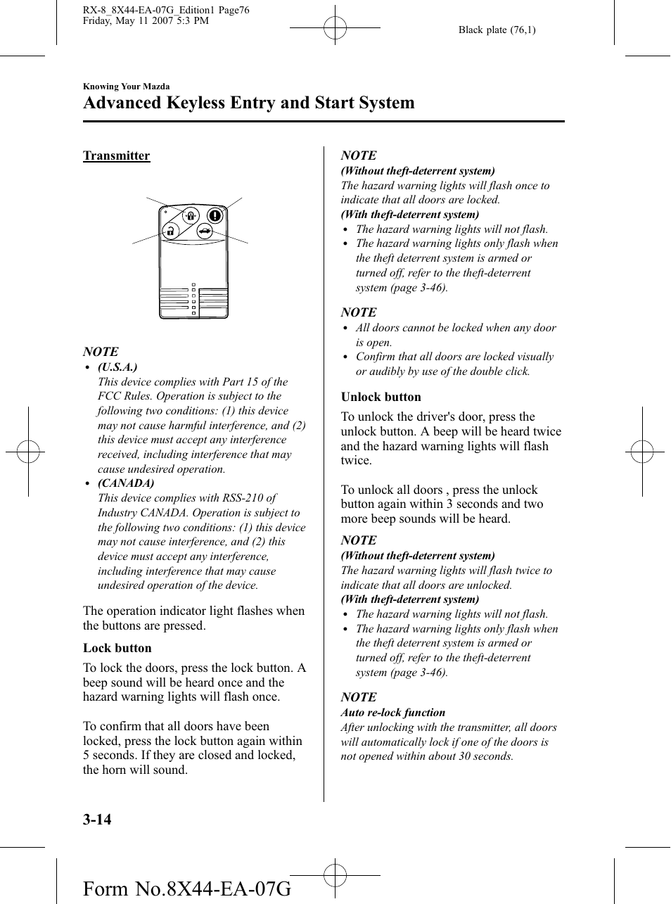 Advanced keyless entry and start system | Mazda 2008 RX-8 User Manual | Page 76 / 432