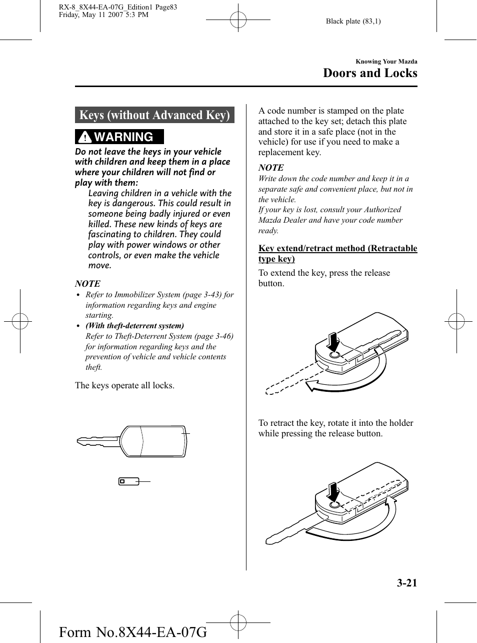 Doors and locks, Keys (without advanced key), Doors and locks -21 | Keys (without advanced key) -21, Warning | Mazda 2008 RX-8 User Manual | Page 83 / 432