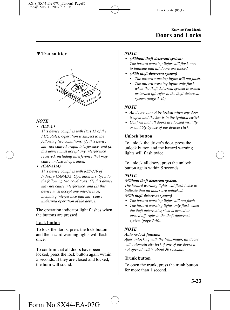 Doors and locks, Qtransmitter | Mazda 2008 RX-8 User Manual | Page 85 / 432