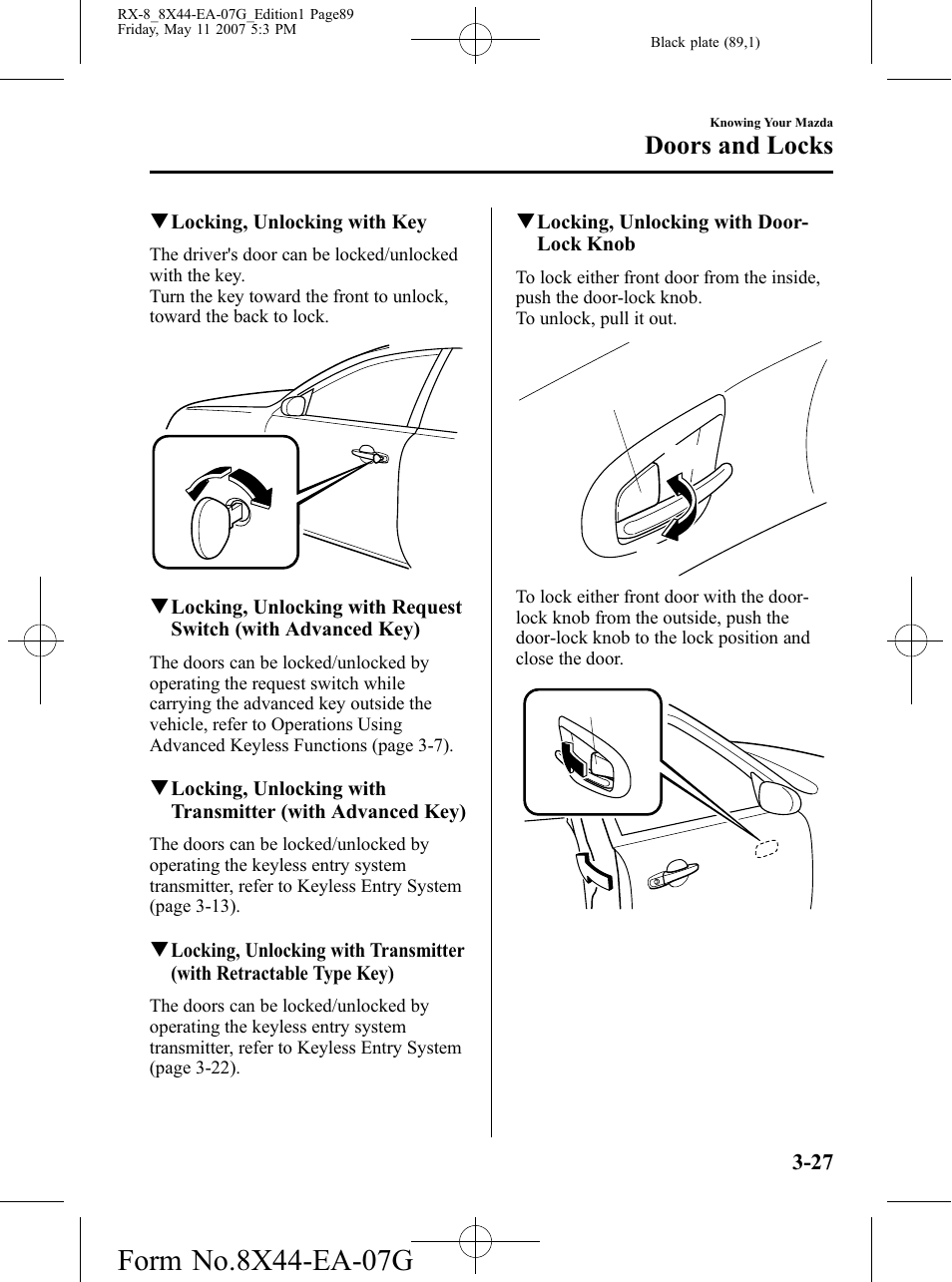 Doors and locks | Mazda 2008 RX-8 User Manual | Page 89 / 432