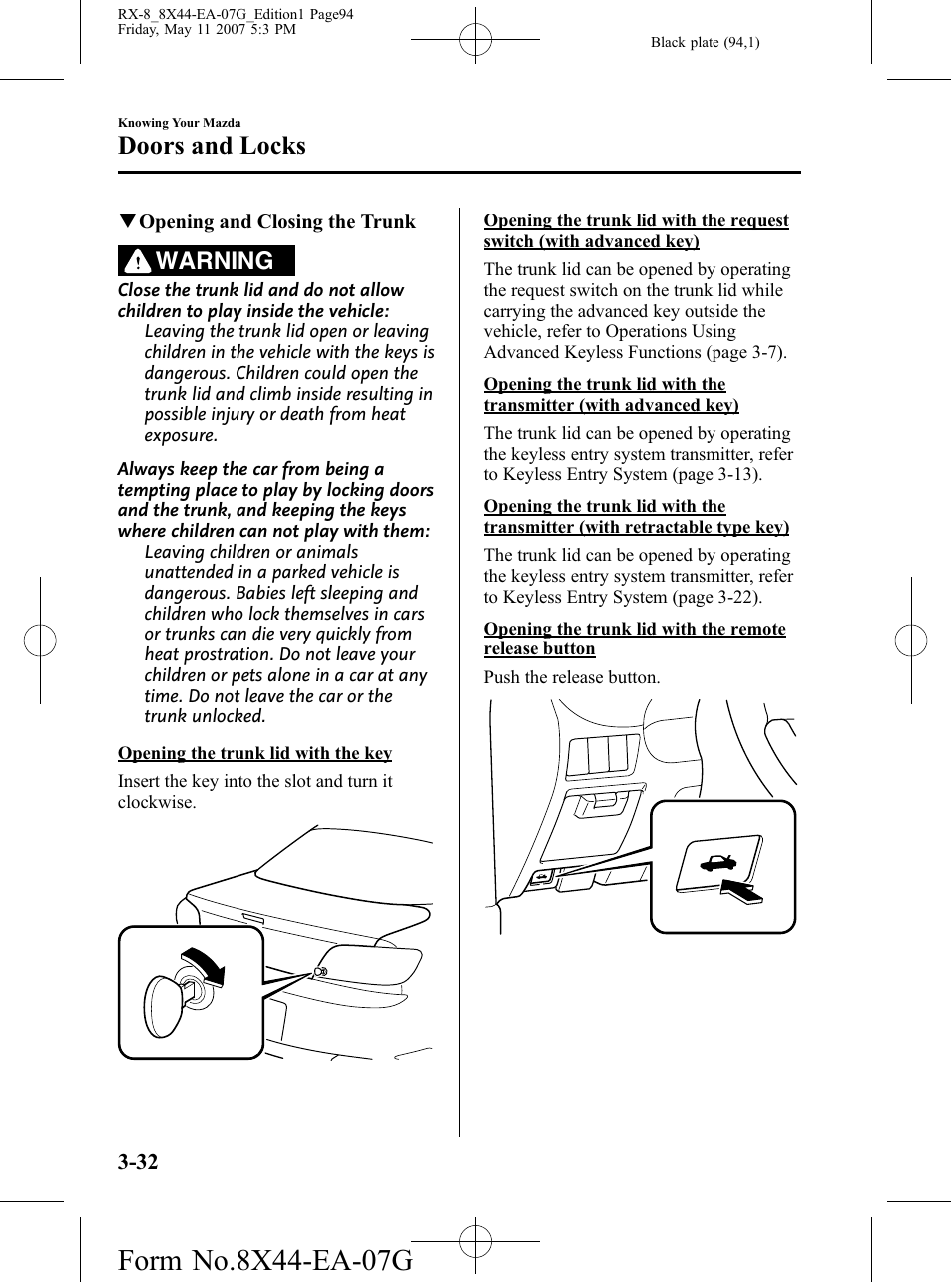 Doors and locks, Warning | Mazda 2008 RX-8 User Manual | Page 94 / 432