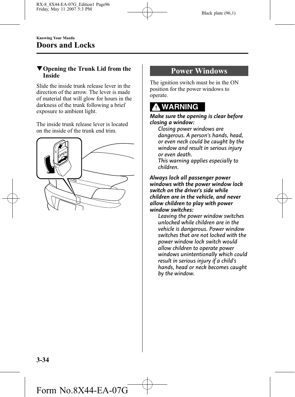 Power windows, Power windows -34, Doors and locks | Warning | Mazda 2008 RX-8 User Manual | Page 96 / 432