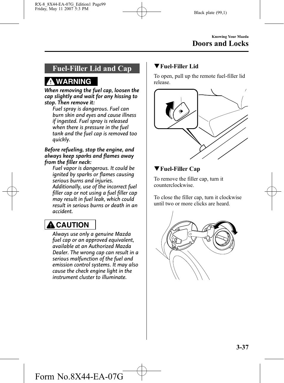 Fuel-filler lid and cap, Fuel-filler lid and cap -37, Doors and locks | Warning, Caution | Mazda 2008 RX-8 User Manual | Page 99 / 432