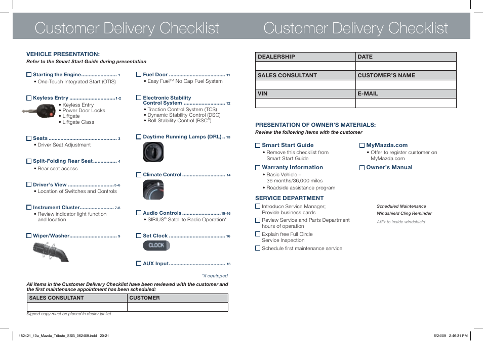 Customer delivery checklist | Mazda 2010 Tribute User Manual | Page 11 / 12