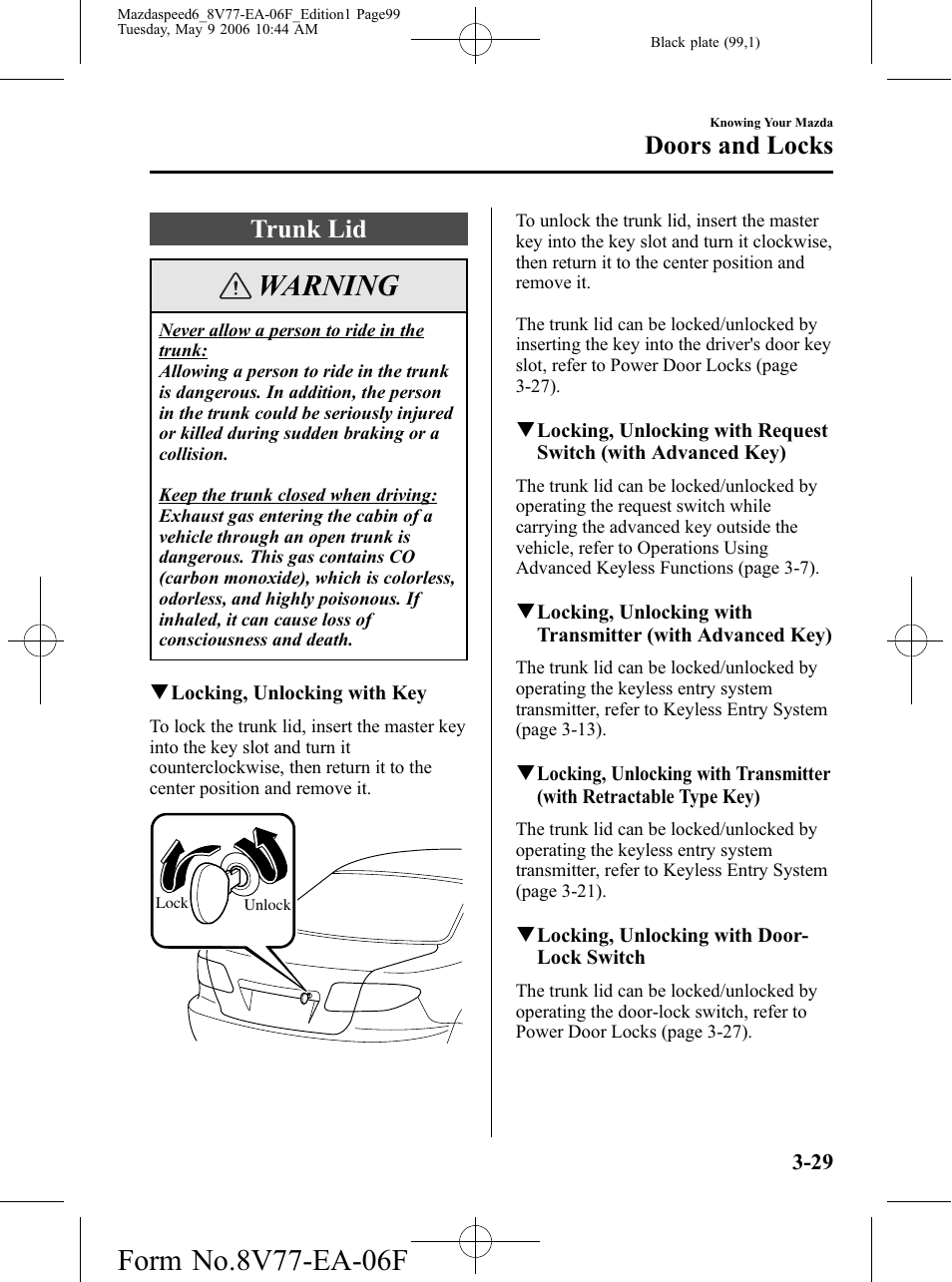 Trunk lid, Trunk lid -29, Warning | Doors and locks | Mazda 2007 SPEED6 User Manual | Page 100 / 413