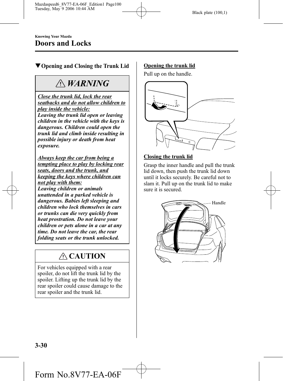 Warning, Caution, Doors and locks | Mazda 2007 SPEED6 User Manual | Page 101 / 413