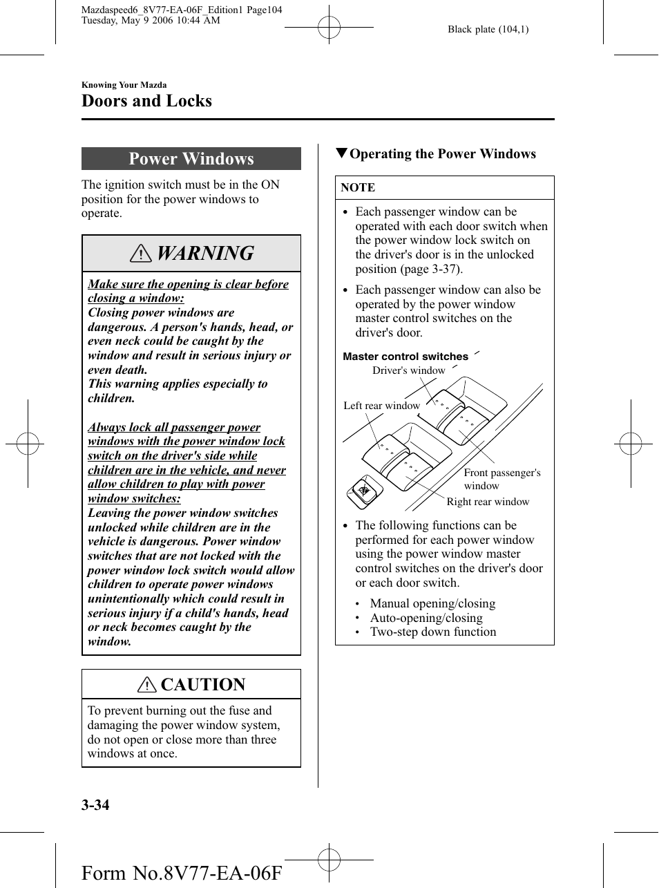 Power windows, Power windows -34, Warning | Caution, Doors and locks | Mazda 2007 SPEED6 User Manual | Page 105 / 413