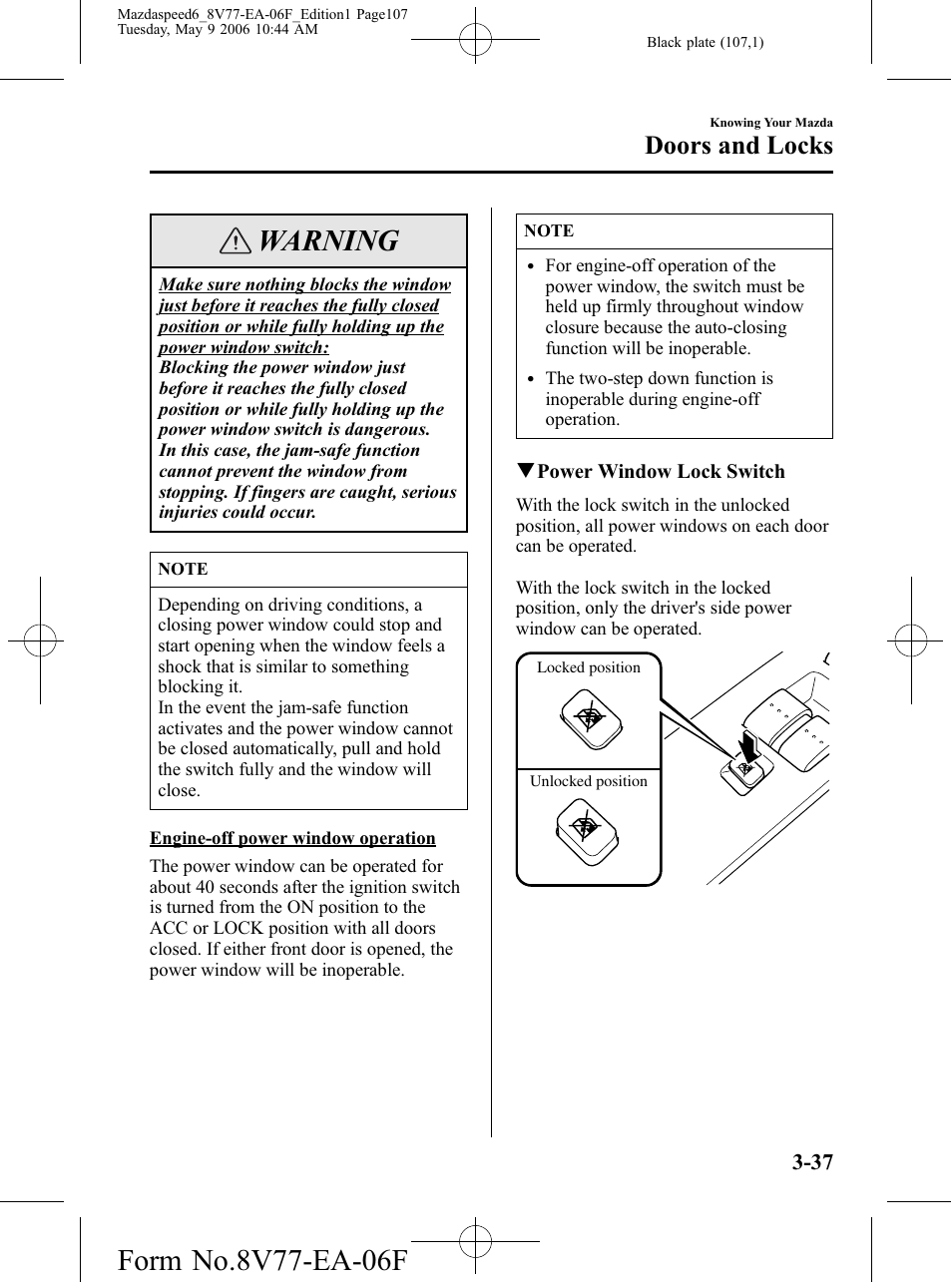 Warning, Doors and locks | Mazda 2007 SPEED6 User Manual | Page 108 / 413