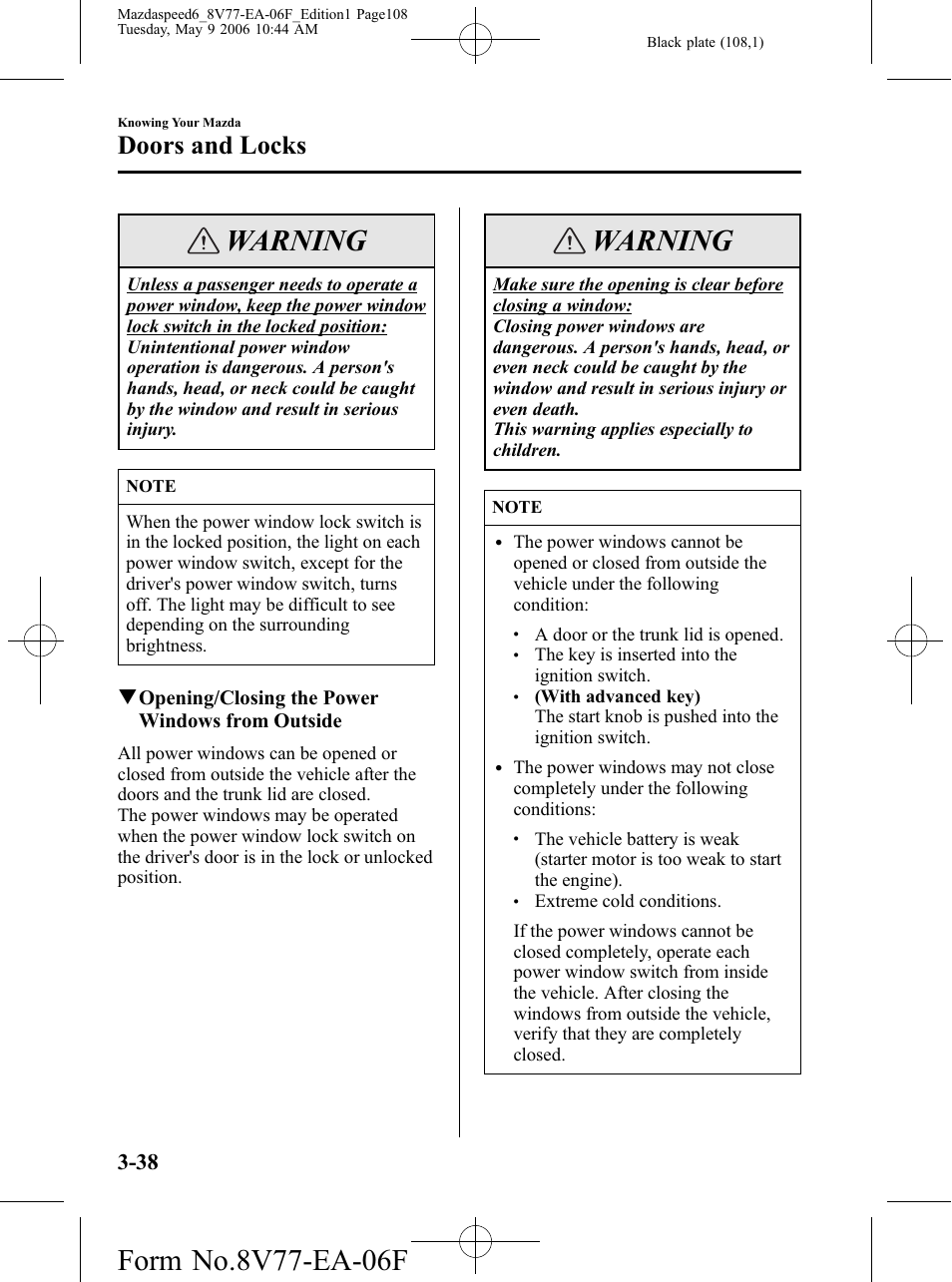 Warning, Doors and locks | Mazda 2007 SPEED6 User Manual | Page 109 / 413