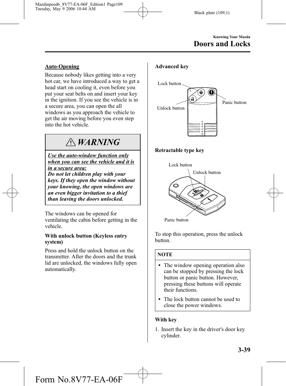 Warning, Doors and locks | Mazda 2007 SPEED6 User Manual | Page 110 / 413