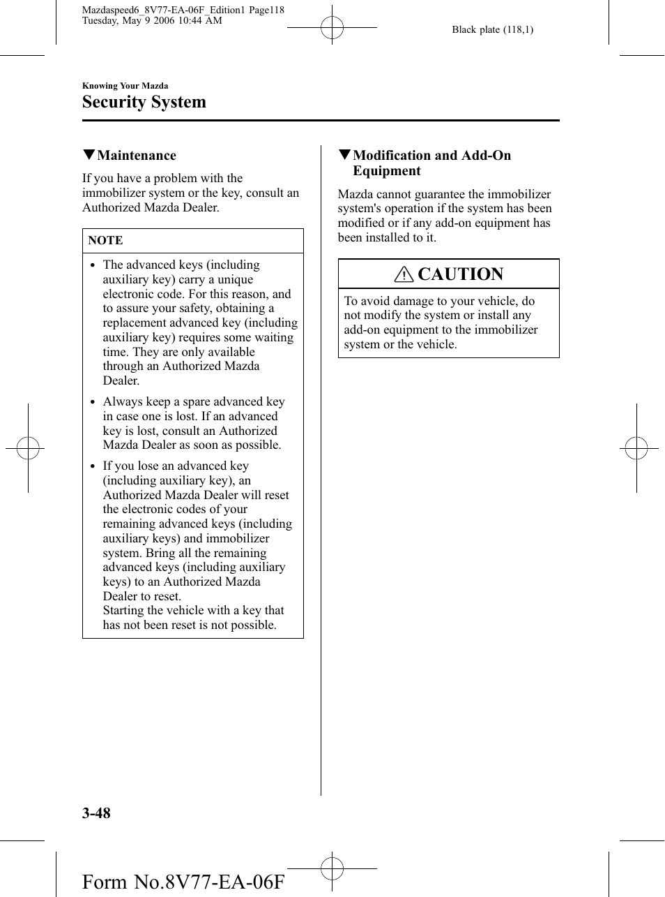 Caution, Security system | Mazda 2007 SPEED6 User Manual | Page 119 / 413