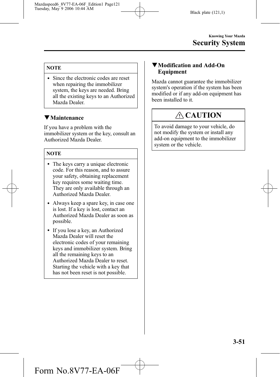 Caution, Security system | Mazda 2007 SPEED6 User Manual | Page 122 / 413