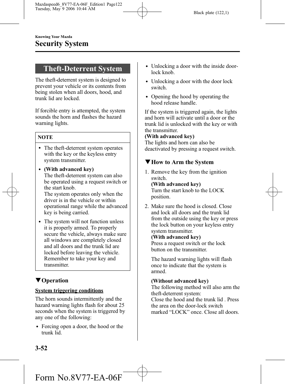 Theft-deterrent system, Theft-deterrent system -52, Security system | Mazda 2007 SPEED6 User Manual | Page 123 / 413