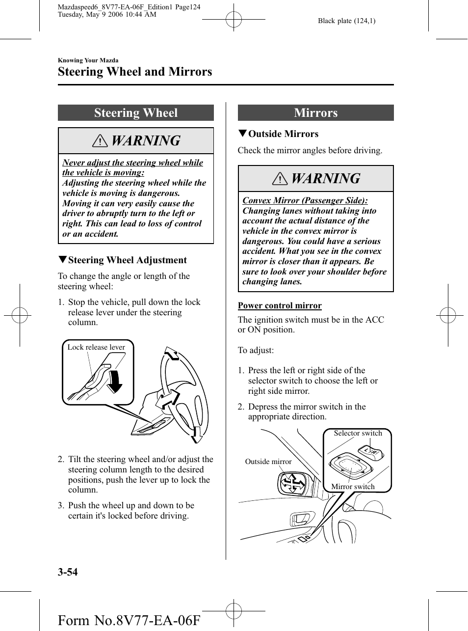Steering wheel and mirrors, Steering wheel, Mirrors | Steering wheel and mirrors -54, Steering wheel -54 mirrors -54, Warning | Mazda 2007 SPEED6 User Manual | Page 125 / 413