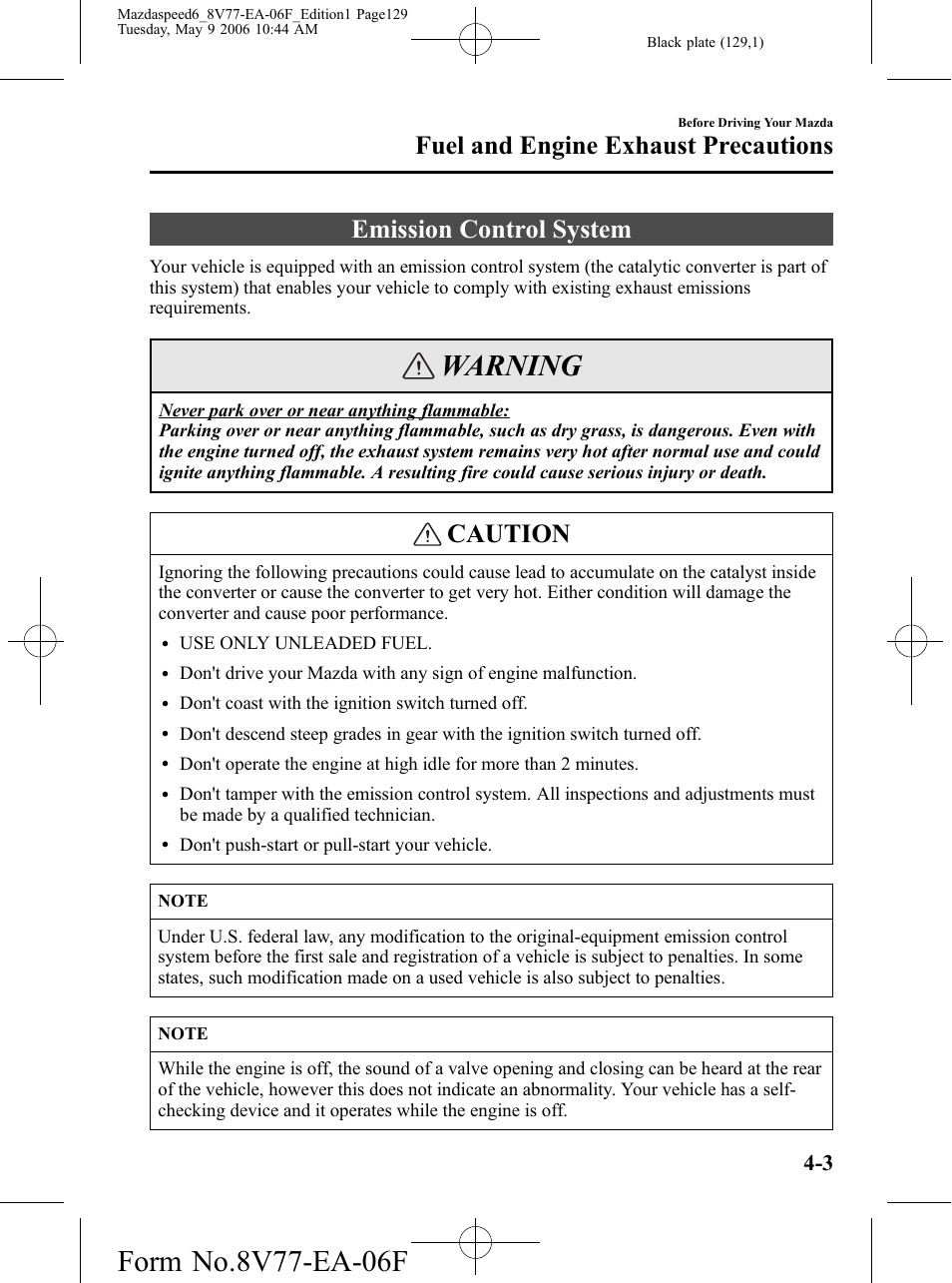 Emission control system, Emission control system -3, Warning | Caution, Fuel and engine exhaust precautions | Mazda 2007 SPEED6 User Manual | Page 130 / 413