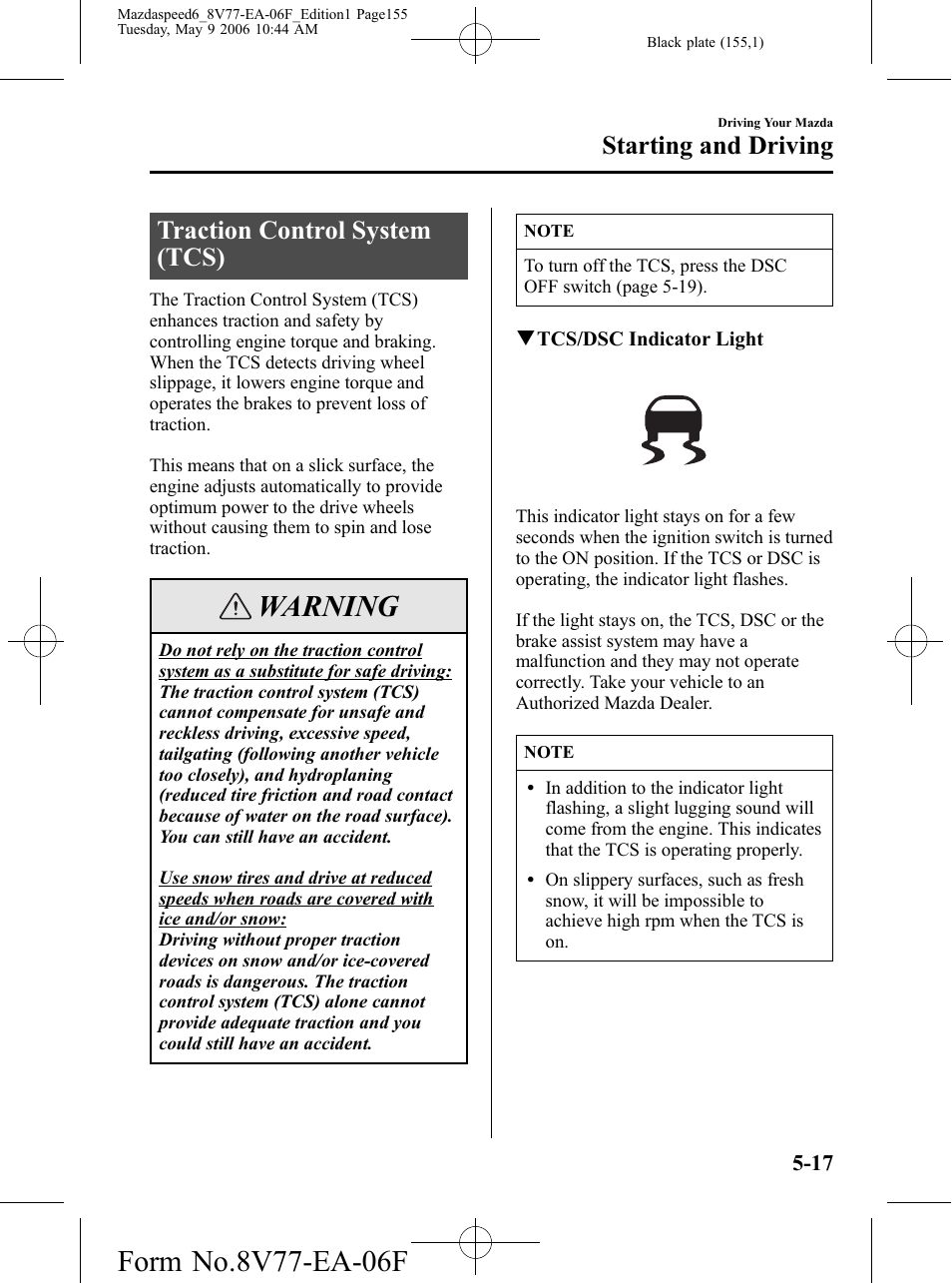 Traction control system (tcs), Traction control system (tcs) -17, Warning | Starting and driving | Mazda 2007 SPEED6 User Manual | Page 156 / 413