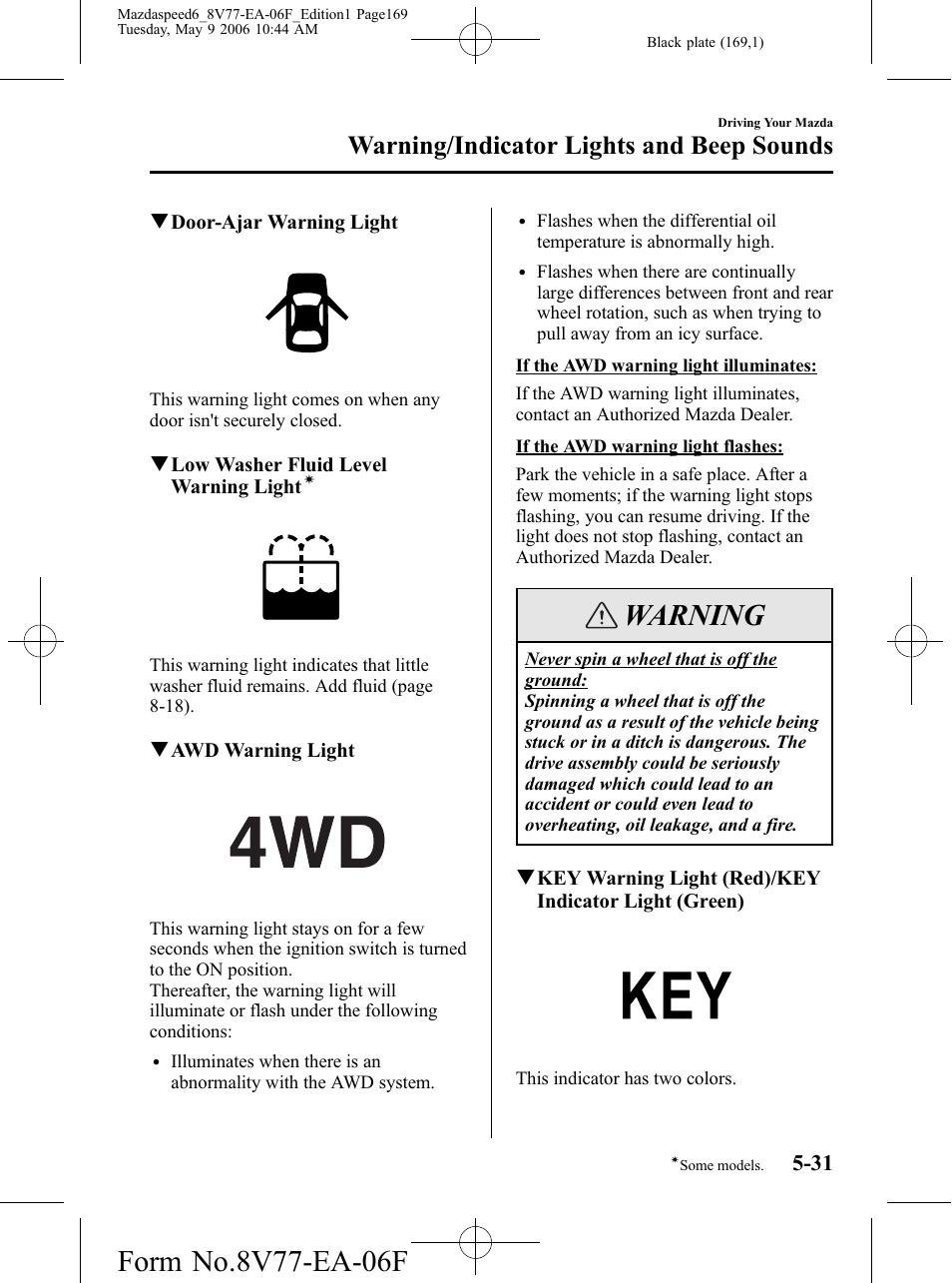 Warning, Warning/indicator lights and beep sounds | Mazda 2007 SPEED6 User Manual | Page 170 / 413