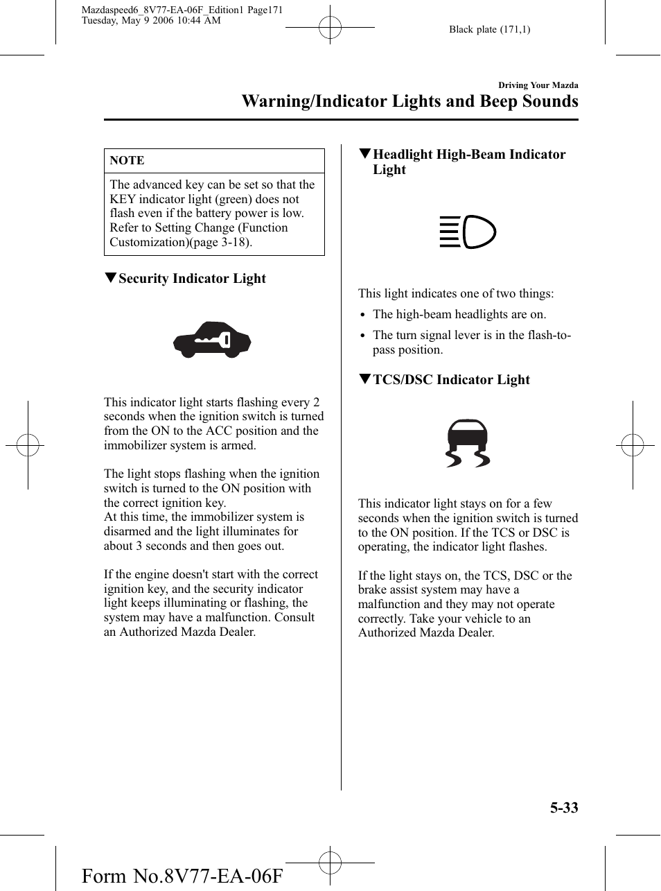 Warning/indicator lights and beep sounds | Mazda 2007 SPEED6 User Manual | Page 172 / 413