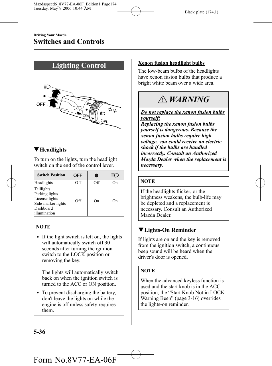 Switches and controls, Lighting control, Switches and controls -36 | Lighting control -36, Warning | Mazda 2007 SPEED6 User Manual | Page 175 / 413
