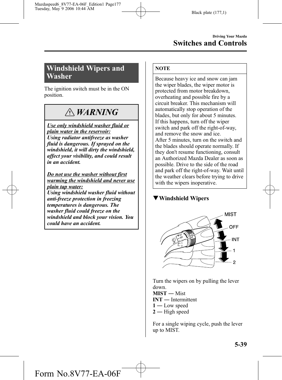 Windshield wipers and washer, Windshield wipers and washer -39, Warning | Switches and controls | Mazda 2007 SPEED6 User Manual | Page 178 / 413