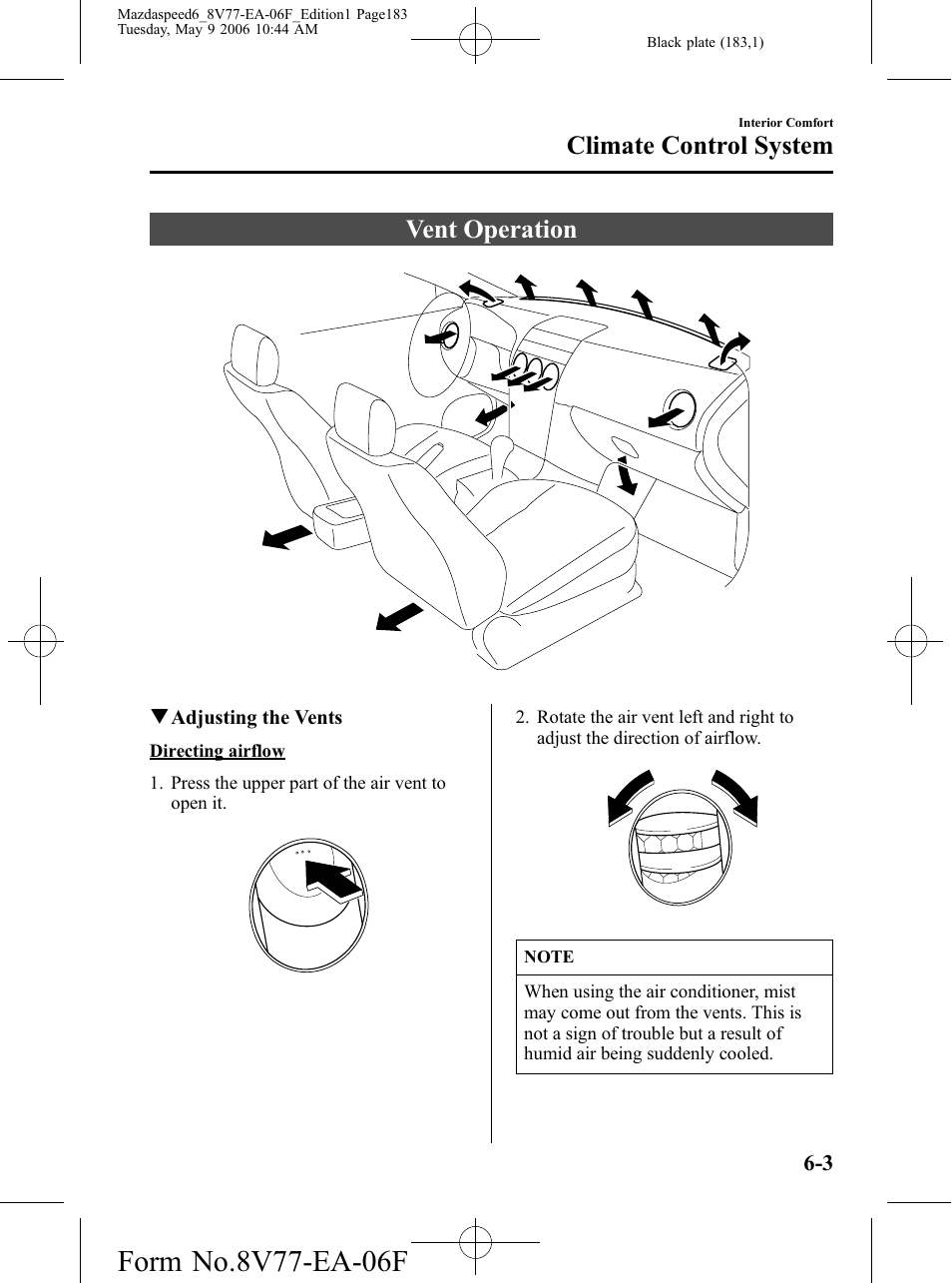 Vent operation, Vent operation -3, Climate control system | Mazda 2007 SPEED6 User Manual | Page 184 / 413