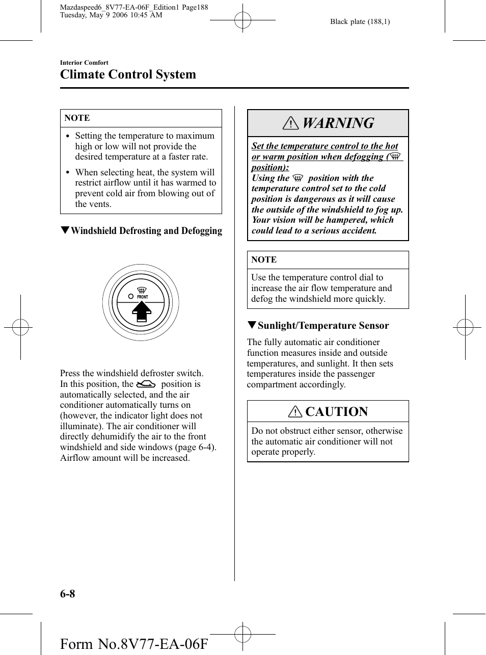 Warning, Caution, Climate control system | Mazda 2007 SPEED6 User Manual | Page 189 / 413