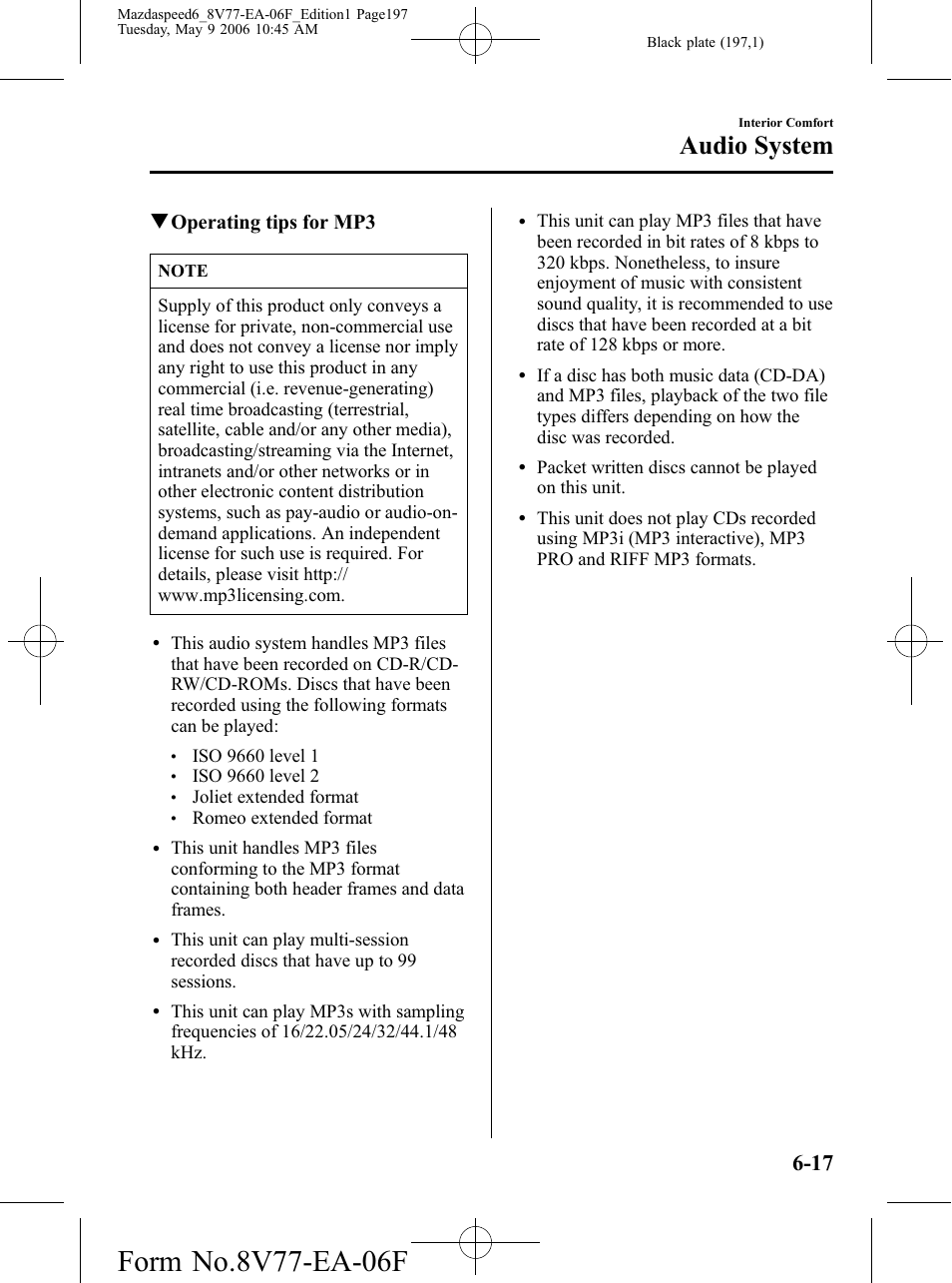 Audio system, Qoperating tips for mp3 | Mazda 2007 SPEED6 User Manual | Page 198 / 413