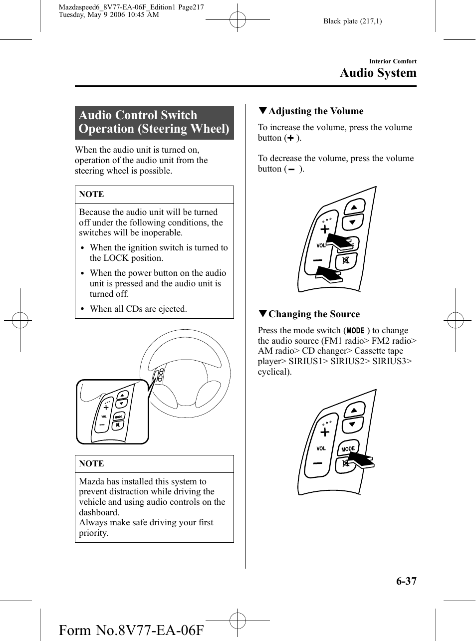 Audio control switch operation (steering wheel), Audio system | Mazda 2007 SPEED6 User Manual | Page 218 / 413