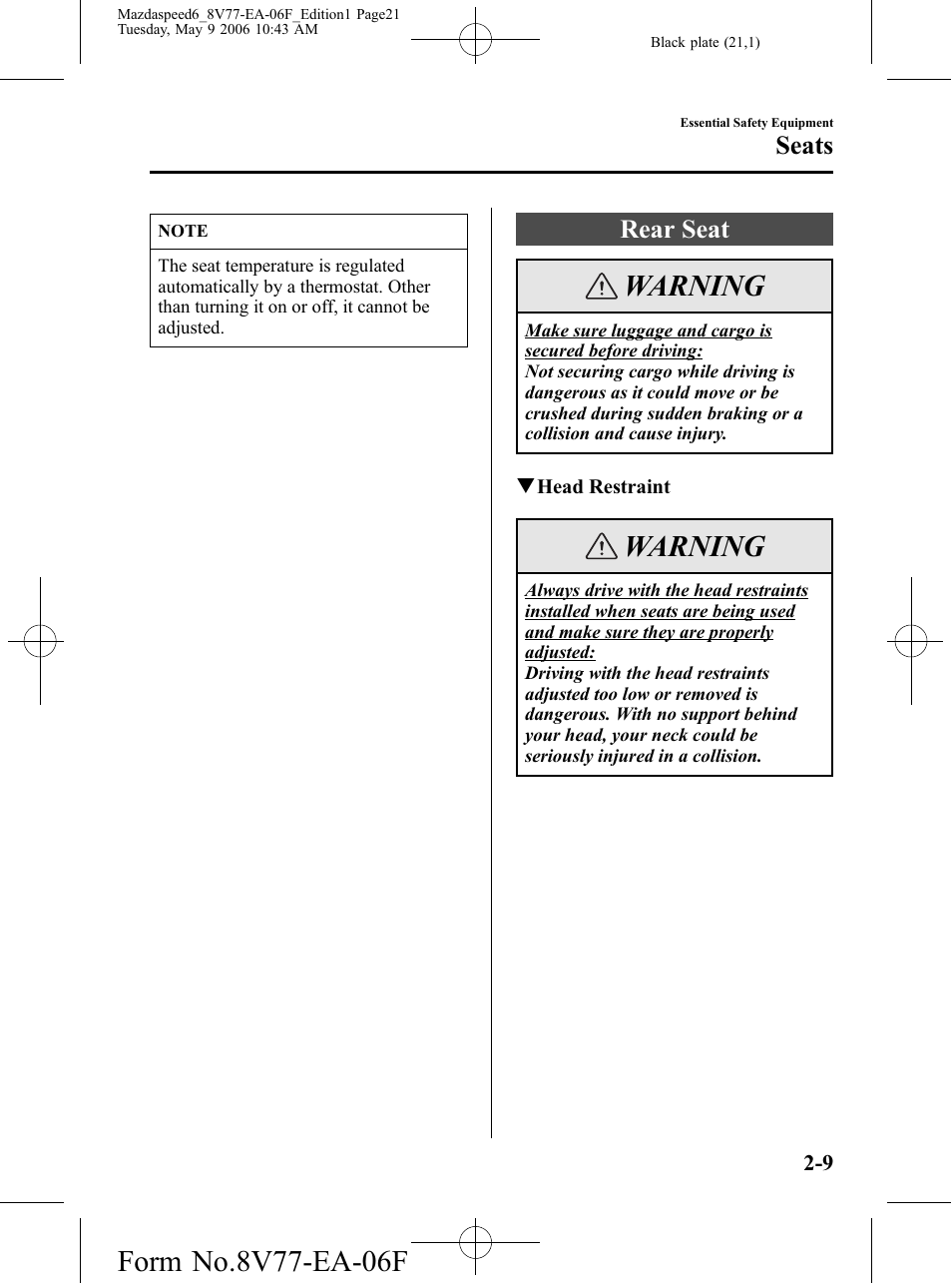 Rear seat, Rear seat -9, Warning | Seats | Mazda 2007 SPEED6 User Manual | Page 22 / 413