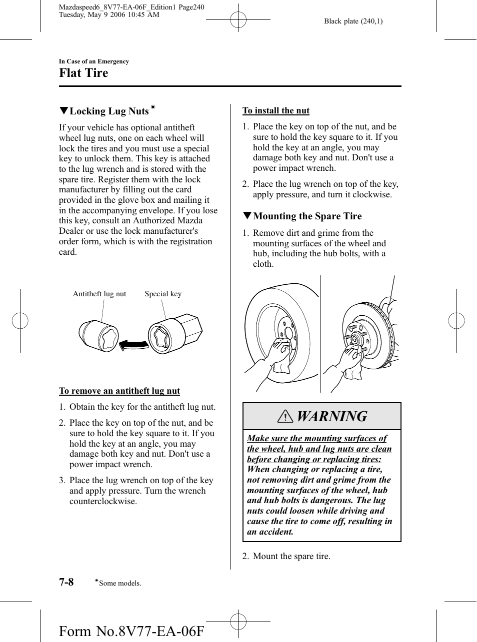 Warning, Flat tire | Mazda 2007 SPEED6 User Manual | Page 241 / 413