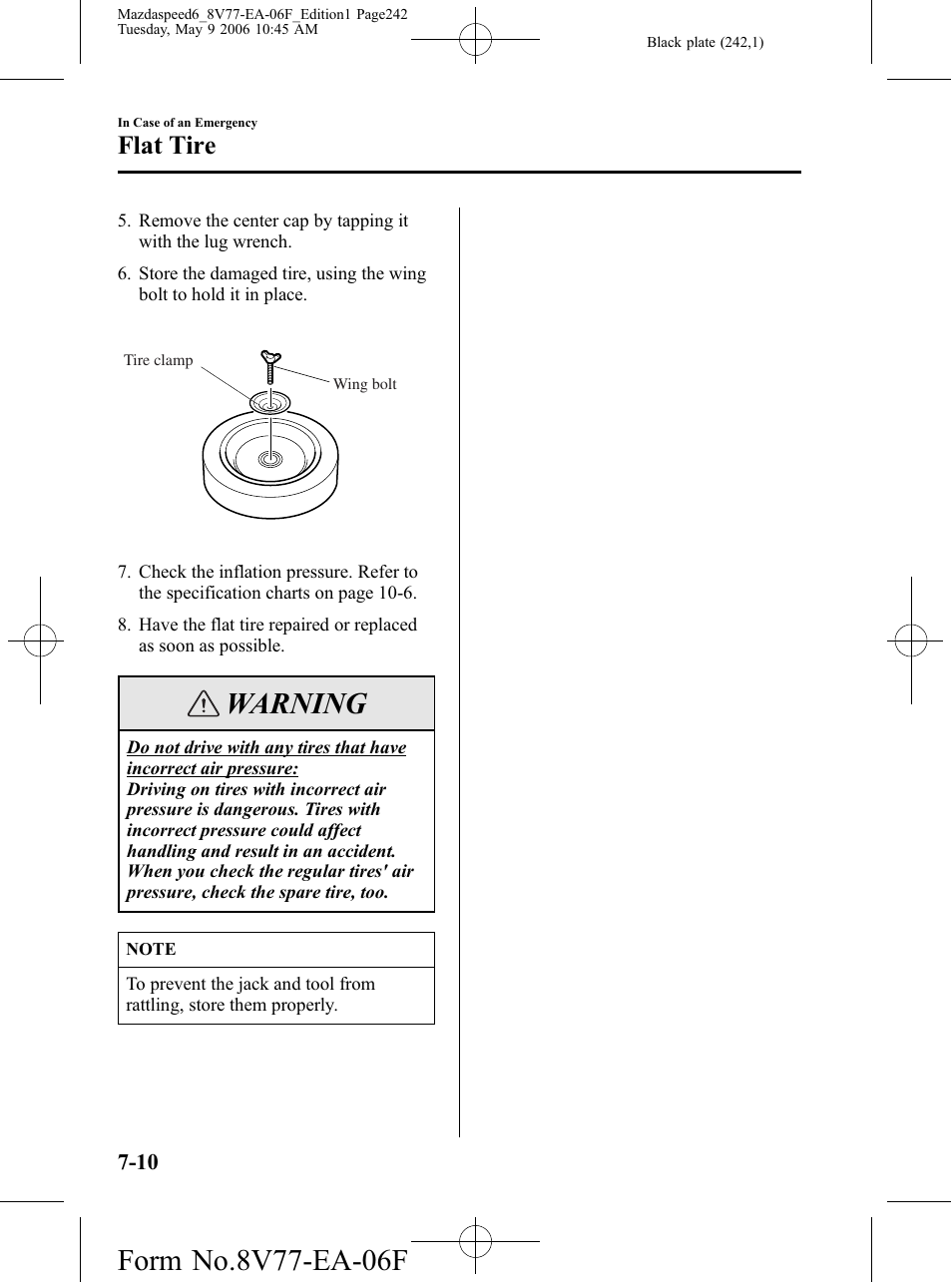 Warning, Flat tire | Mazda 2007 SPEED6 User Manual | Page 243 / 413