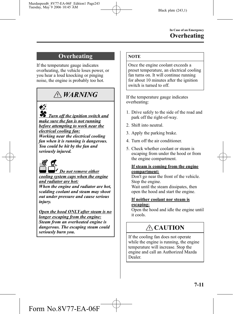 Overheating, Overheating -11, Warning | Caution | Mazda 2007 SPEED6 User Manual | Page 244 / 413