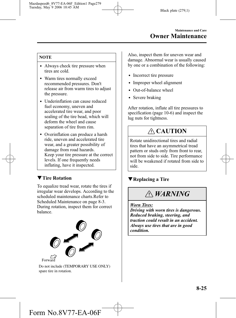 Warning, Caution, Owner maintenance | Mazda 2007 SPEED6 User Manual | Page 280 / 413