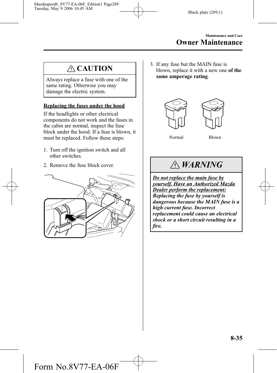 Warning, Caution, Owner maintenance | Mazda 2007 SPEED6 User Manual | Page 290 / 413