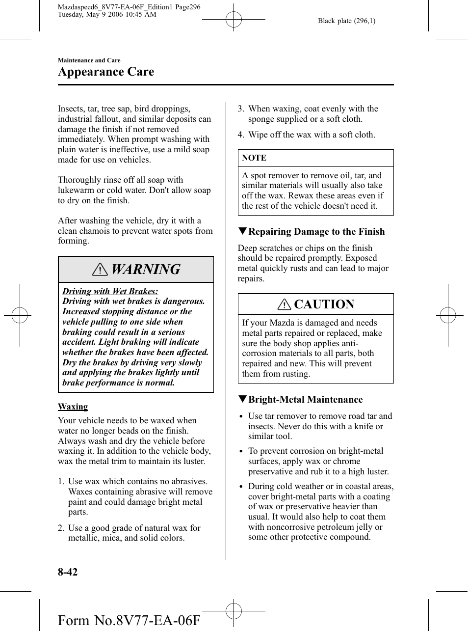 Warning, Caution, Appearance care | Mazda 2007 SPEED6 User Manual | Page 297 / 413