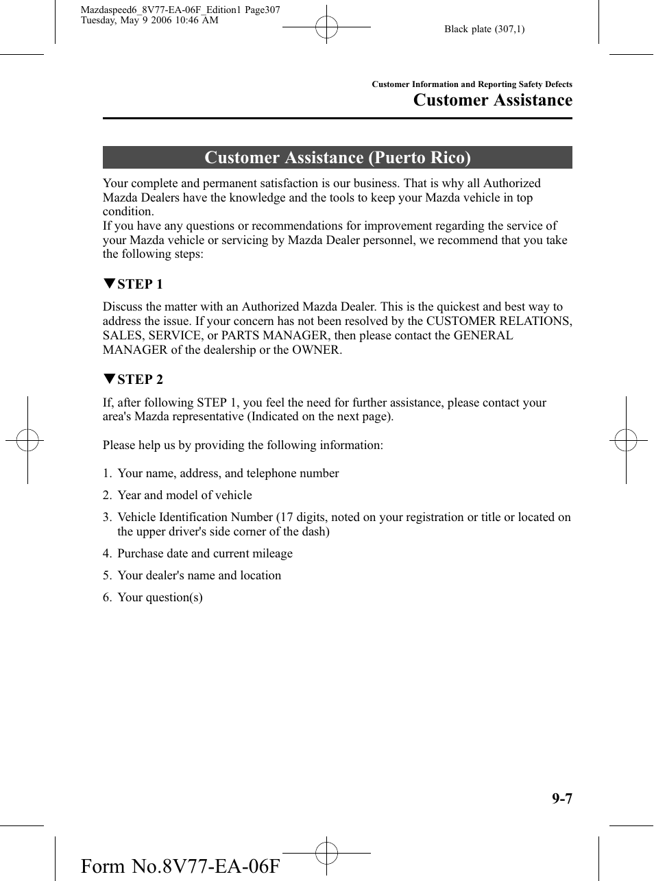 Customer assistance (puerto rico), Customer assistance (puerto rico) -7, Customer assistance | Mazda 2007 SPEED6 User Manual | Page 308 / 413