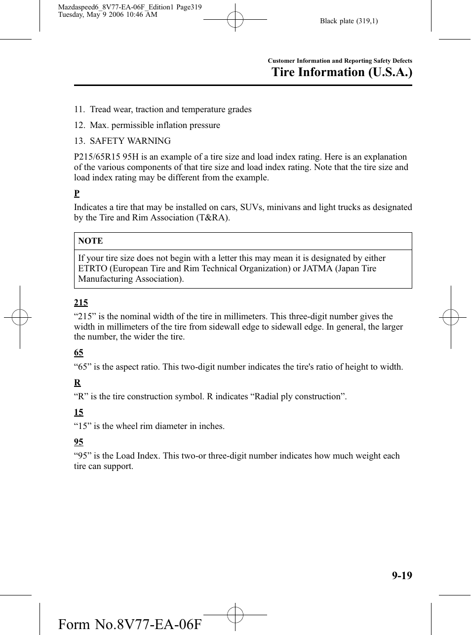 Tire information (u.s.a.) | Mazda 2007 SPEED6 User Manual | Page 320 / 413