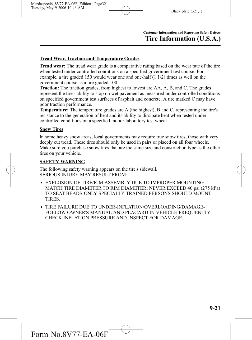 Tire information (u.s.a.) | Mazda 2007 SPEED6 User Manual | Page 322 / 413