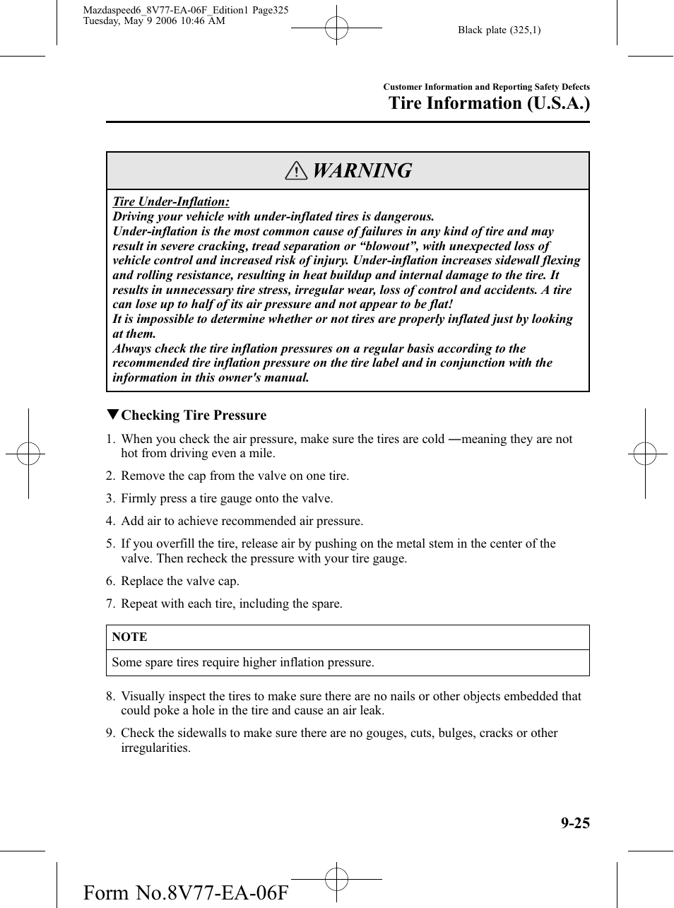 Warning, Tire information (u.s.a.) | Mazda 2007 SPEED6 User Manual | Page 326 / 413