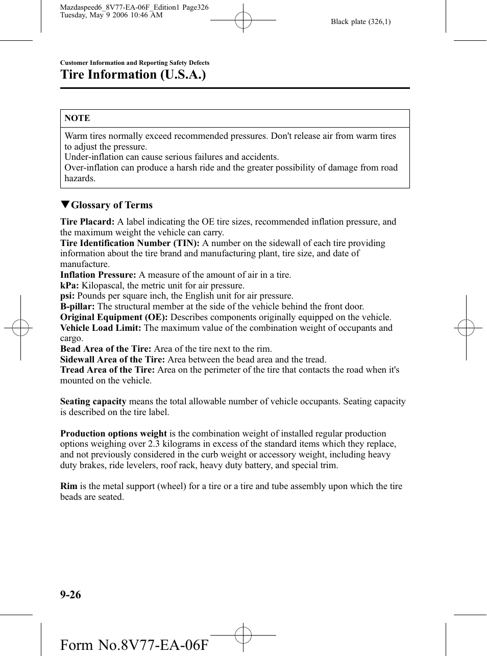Tire information (u.s.a.) | Mazda 2007 SPEED6 User Manual | Page 327 / 413