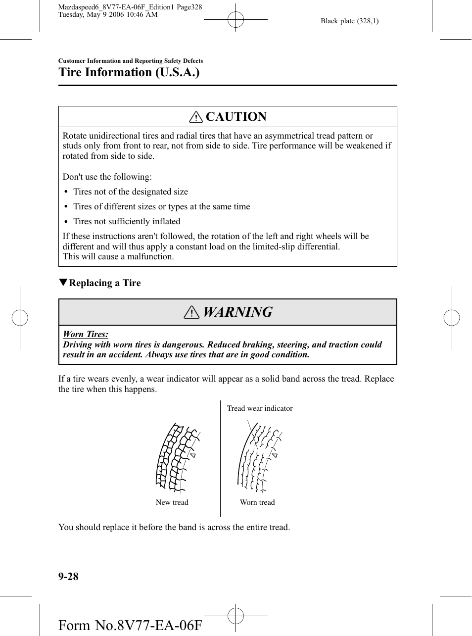 Warning, Caution, Tire information (u.s.a.) | Mazda 2007 SPEED6 User Manual | Page 329 / 413